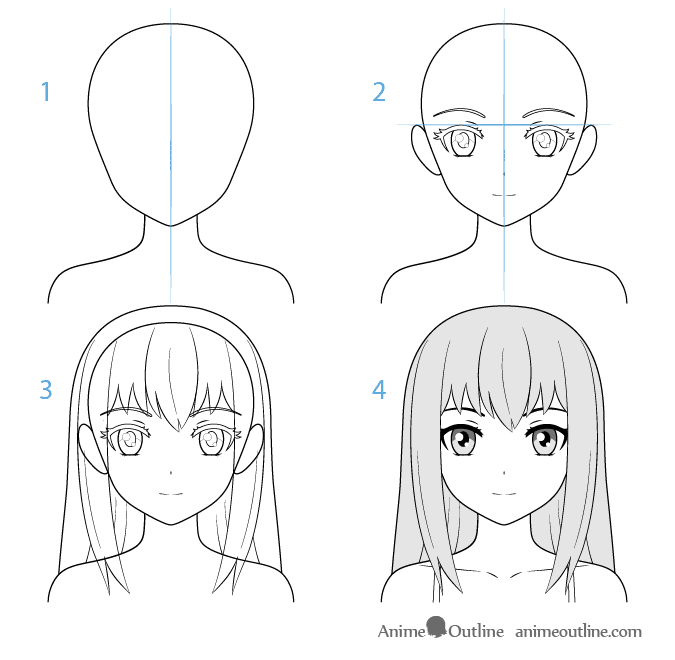 Female anime character face drawing step by step