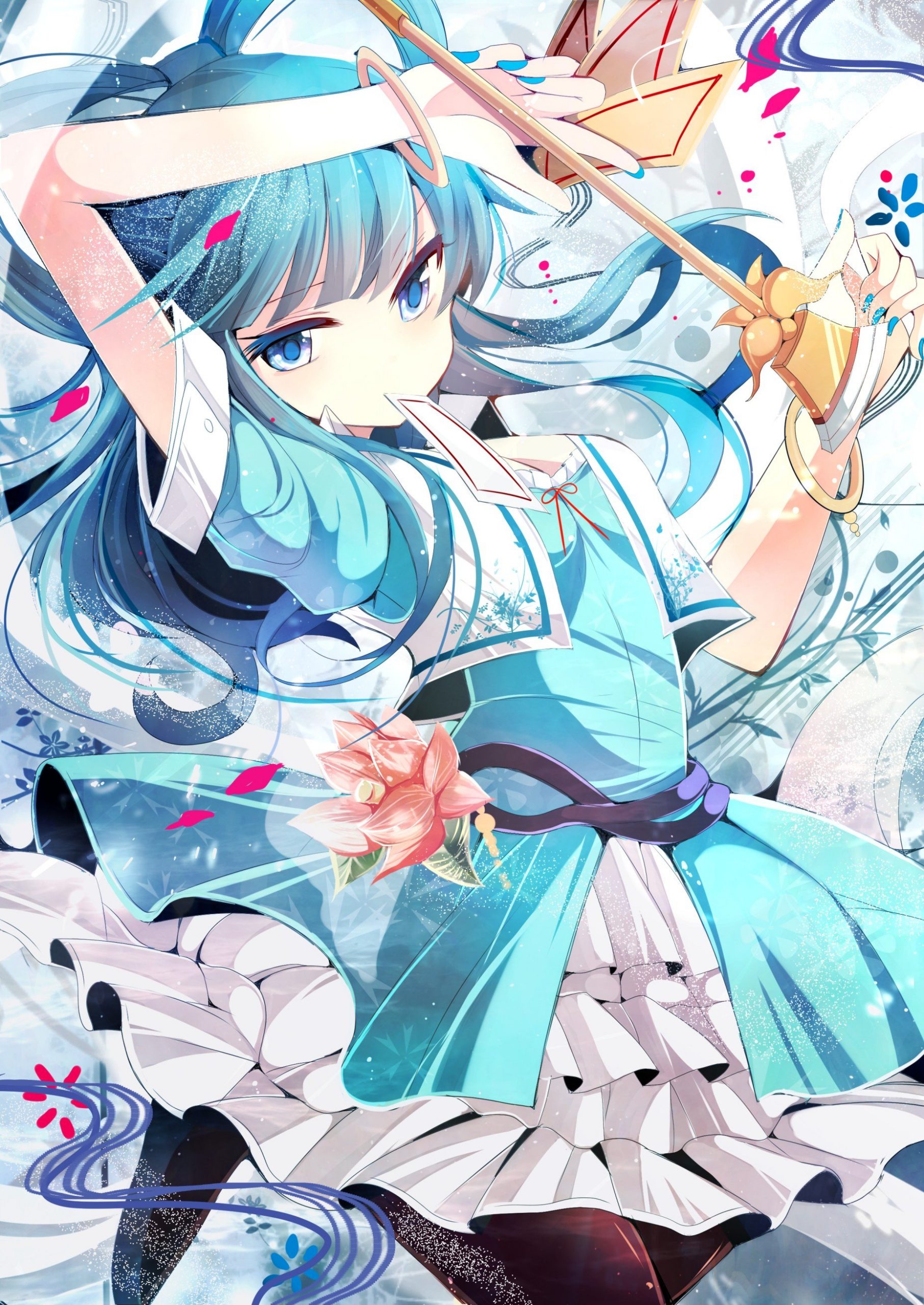 Touhou, Kaku Seiga, Blue dress, Playing cards, Flowers ...